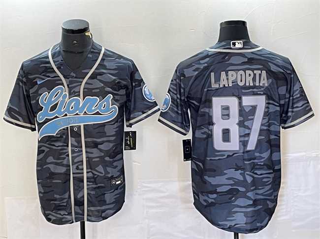 Men%27s Detroit Lions #87 Sam LaPorta Gray Camo Cool Base Stitched Baseball Jersey